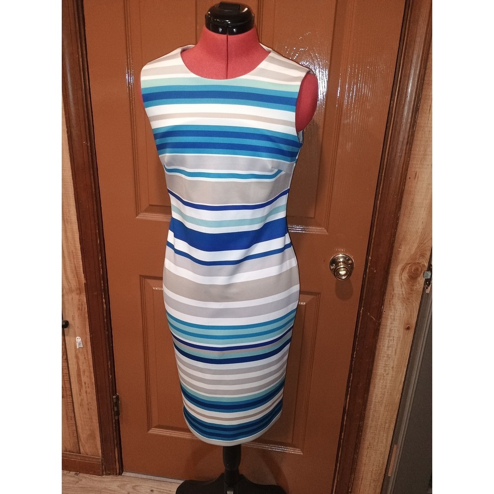 2-Calvin Klein Sheath Dresses Womens sizes 4 & 8 Blue Green Striped Abstract Lot - Picture 11 of 13
